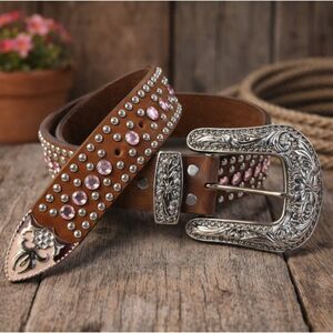 Pink Rhinestone Western Leather Belt Studded Cowgirl Womens Size Small